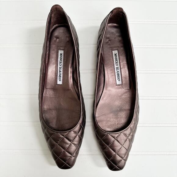 Manolo Blahnik Quilted Bronze Black Leather Almond Toe Ballet Flats Vintage 38.5 - Picture 1 of 7